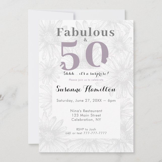Fabulous & Fifty Simple Flower Grey Invitation (Front)