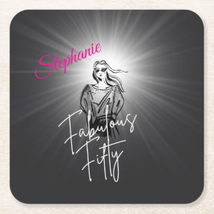 Fabulous Fifty Woman Black Sketch 50th Birthday Square Paper Coaster