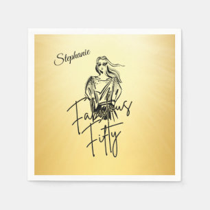 Fabulous Fifty Woman Gold Sketch 50th Birthday Napkin