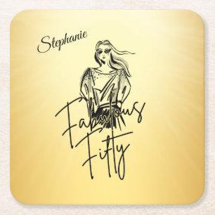 Fabulous Fifty Woman Gold Sketch 50th Birthday Square Paper Coaster