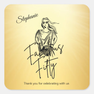 Fabulous Fifty Woman Gold Sketch 50th Birthday Square Sticker