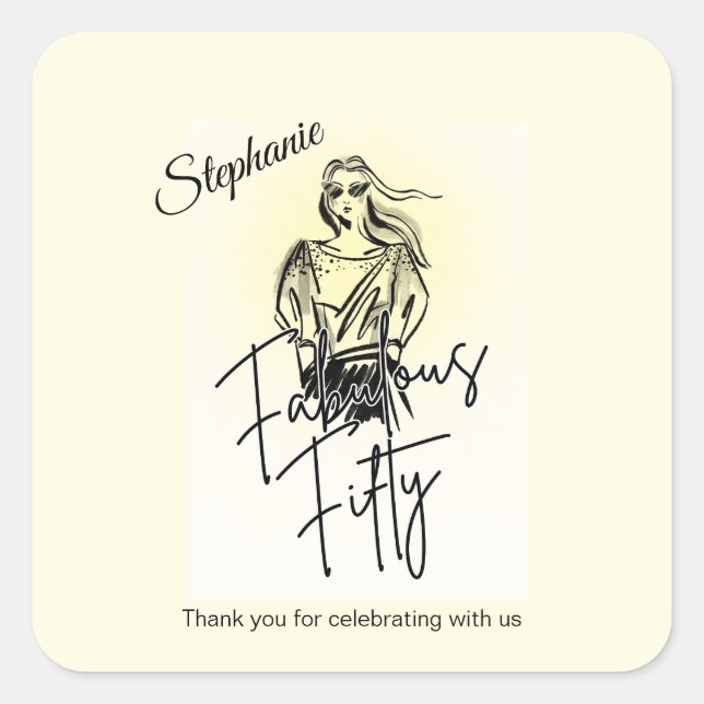 Fabulous Fifty Woman White Sketch 50th Birthday Square Sticker (Front)