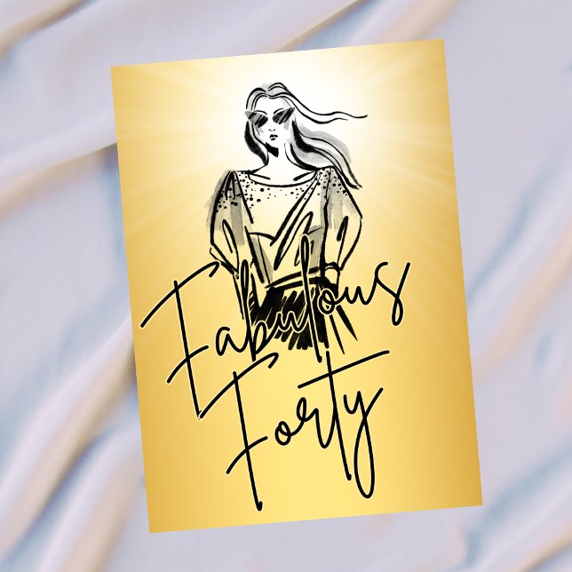 Fabulous Forty Woman Gold Sketch 40th Birthday Invitation (Creator Uploaded)