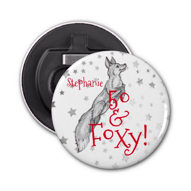 Fabulous Foxy 50th Birthday Black White Red Fox Bottle Opener (Front)