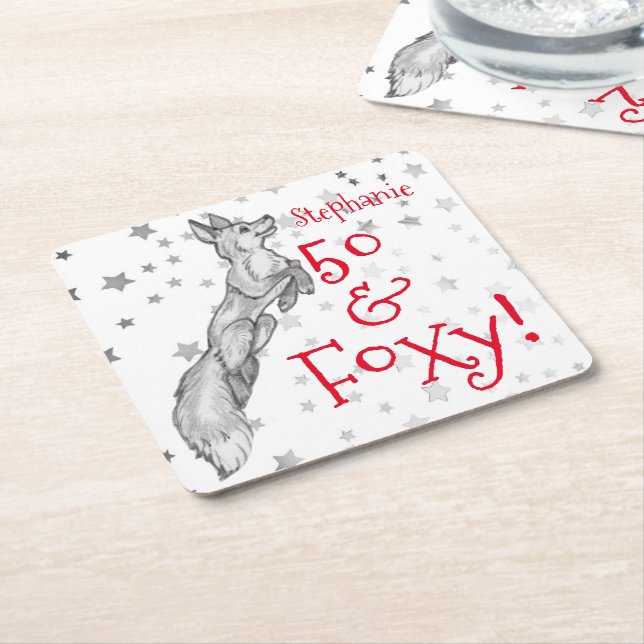 Fabulous Foxy 50th Birthday Black White Red Fox    Square Paper Coaster (Angled)