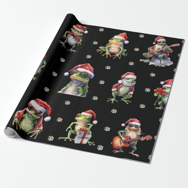 Fabulous Frog Rock Band Christmas Holiday Black Wrapping Paper (Unrolled)