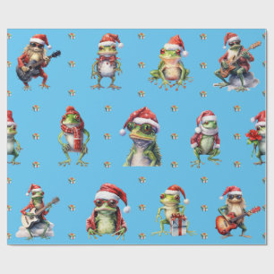 Fabulous Frog Rock Band Christmas Holiday on Blue Wrapping Paper