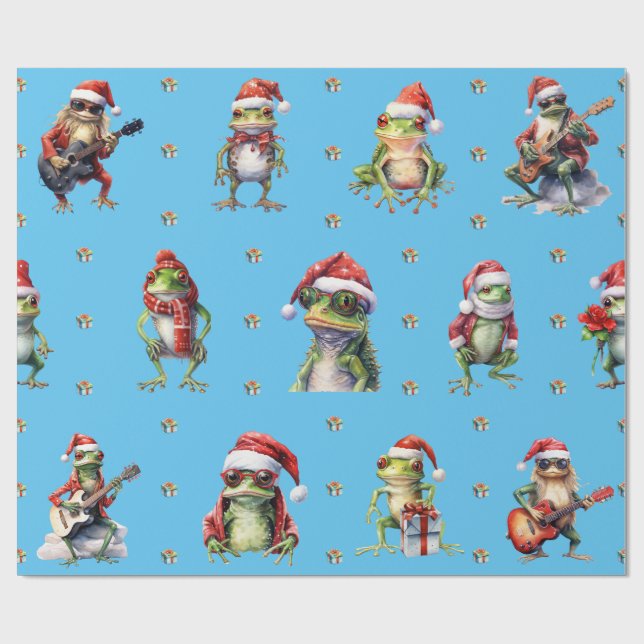 Fabulous Frog Rock Band Christmas Holiday on Blue Wrapping Paper (Flat)