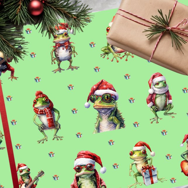 Fabulous Frog Rock Band Christmas Holiday on Green Wrapping Paper (Creator Uploaded)
