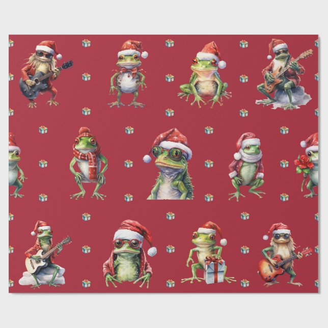 Fabulous Frog Rock Band Christmas Holiday on Red Wrapping Paper (Flat)