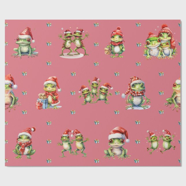 Fabulous Frogs Christmas Holiday Lt Red Wrapping Wrapping Paper (Flat)