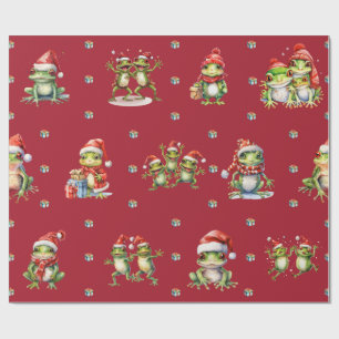 Fabulous Frogs Christmas Holiday on Red Wrapping Paper
