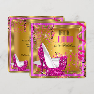 Fabulous Glitter Pink High Heels Gold Birthday 2 Invitation