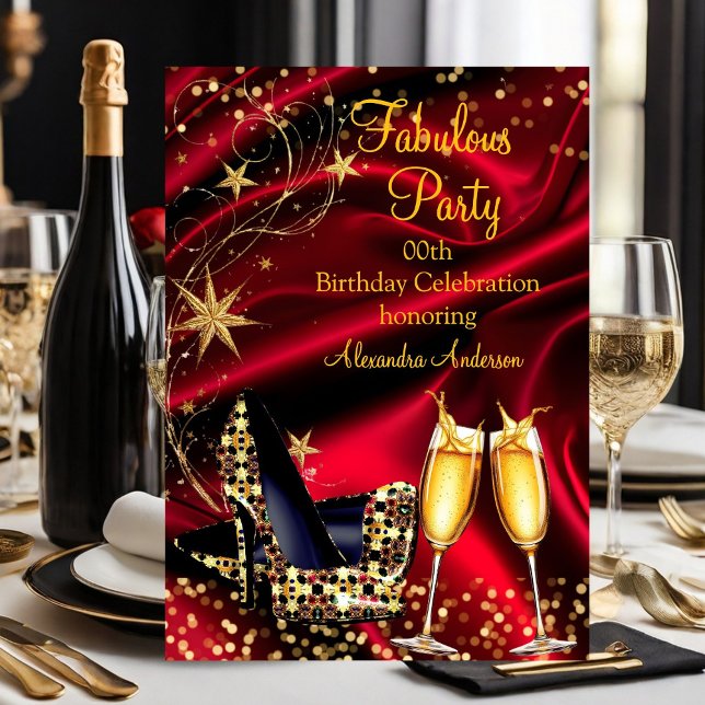 Fabulous Glitter Red Gold heels Champagne Invitation (Creator Uploaded)