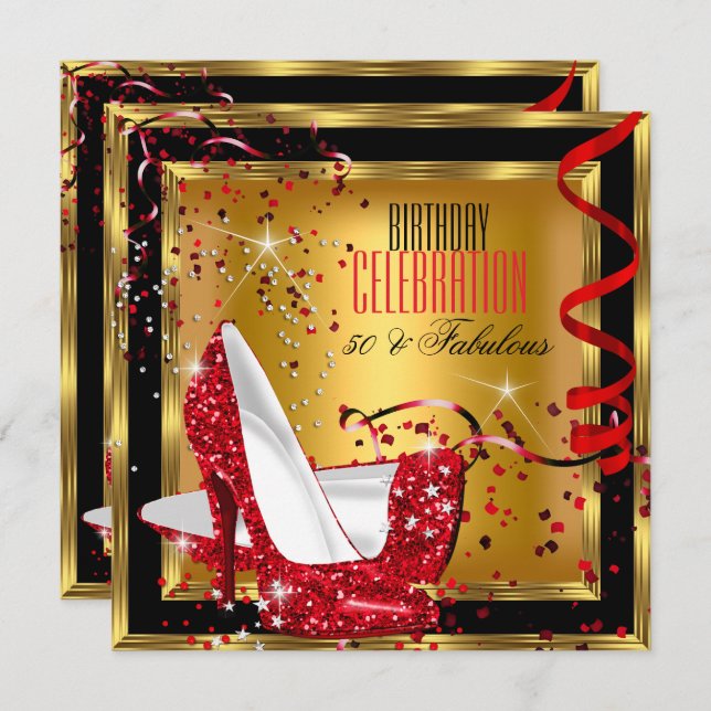 Fabulous Glitter Red High Heels Gold Birthday 2 Invitation (Front/Back)