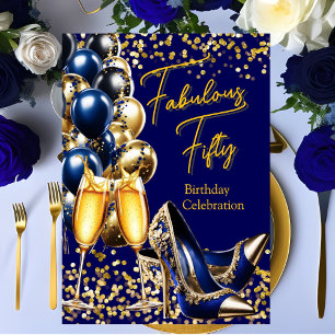 Fabulous Glitter Royal Blue Gold heels Champagne Invitation