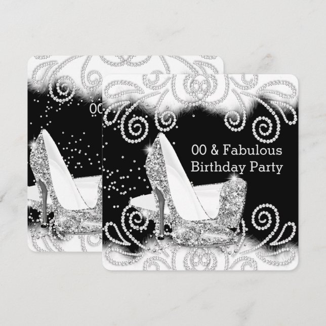 Fabulous Glitter Silver High Heels Birthday Party Invitation (Front/Back)