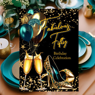 Fabulous Glitter Teal Blue Gold heels Champagne Invitation