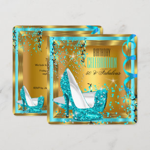 Fabulous Glitter Teal High Heels Gold Birthday 2 Invitation