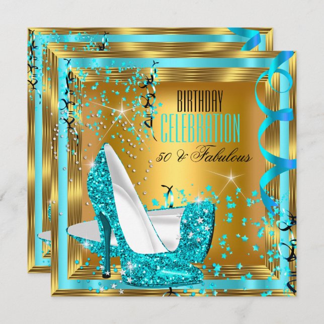 Fabulous Glitter Teal High Heels Gold Birthday 2 Invitation (Front/Back)