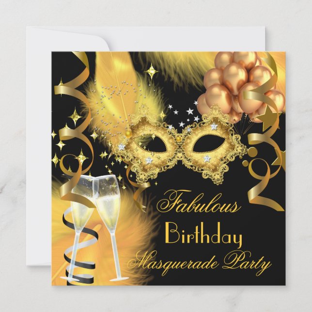 Fabulous Gold Black Masquerade Birthday Party Invitation (Front)