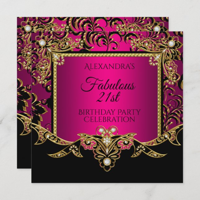 Fabulous Gold Hot Pink Black 21st Birthday Party Invitation (Front/Back)