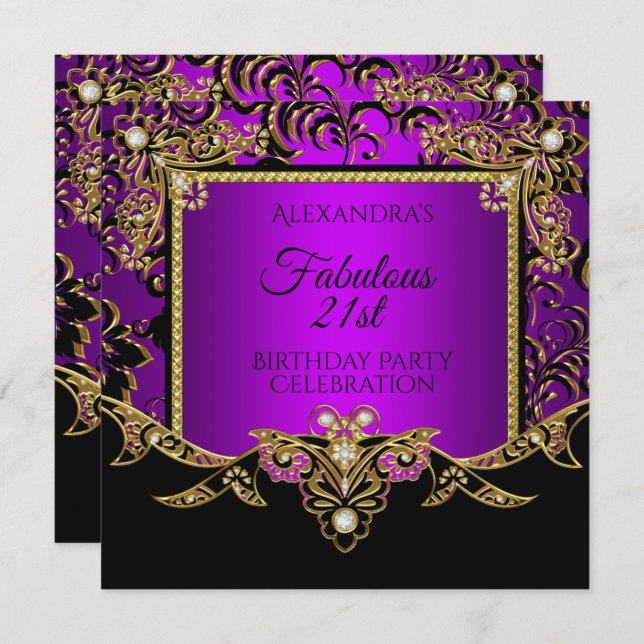 Fabulous Gold Purple Black 21st Birthday Party Invitation (Front/Back)