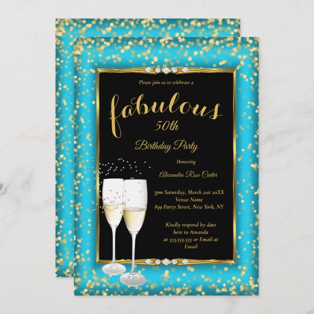 Fabulous Gold Teal blue Champagne Photo Party Invitation (Front/Back)