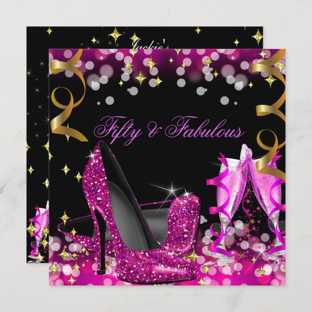 Fabulous Hot Pink Glitter High Heel Birthday Party Invitation (Front/Back)