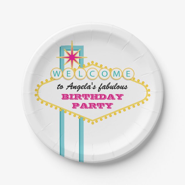 Fabulous Las Vegas Sign Pink Party Paper Plate (Front)