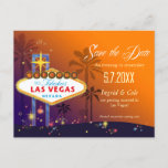 Fabulous Las Vegas Wedding Save the Date Announcement Postcard<br><div class="desc">Cute Las Vegas strip sign, tall palm trees and colourful stars with a purple orange coloured background illustrated on custom Wedding Save the Date Postcards. FUN & UNIQUE Las Vegas theme wedding stationery perfect for your memorable destination wedding in Las Vegas! ((You can find the matching wedding essentials & favours...</div>