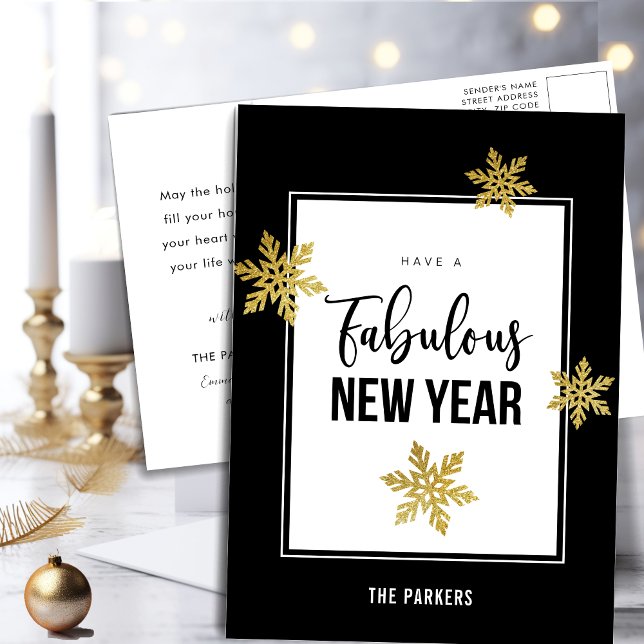 Fabulous New Year Elegant Script Gold Snowflakes Holiday Postcard (Creator Uploaded)