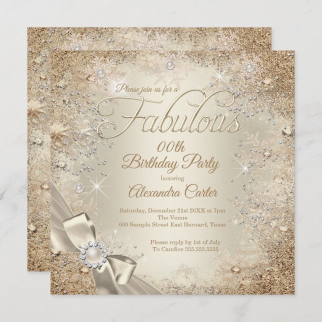 Fabulous Pearl Bow Beige Cream Gold Snowflake Invitation (Front/Back)