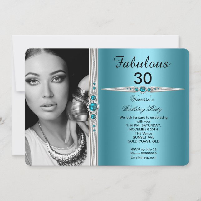 Fabulous Photo Birthday Party Teal Blue Invitation (Front)