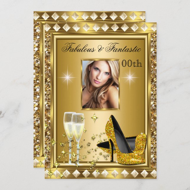 Fabulous Photo Gold Glitz Glam Hollywood Birthday Invitation (Front/Back)