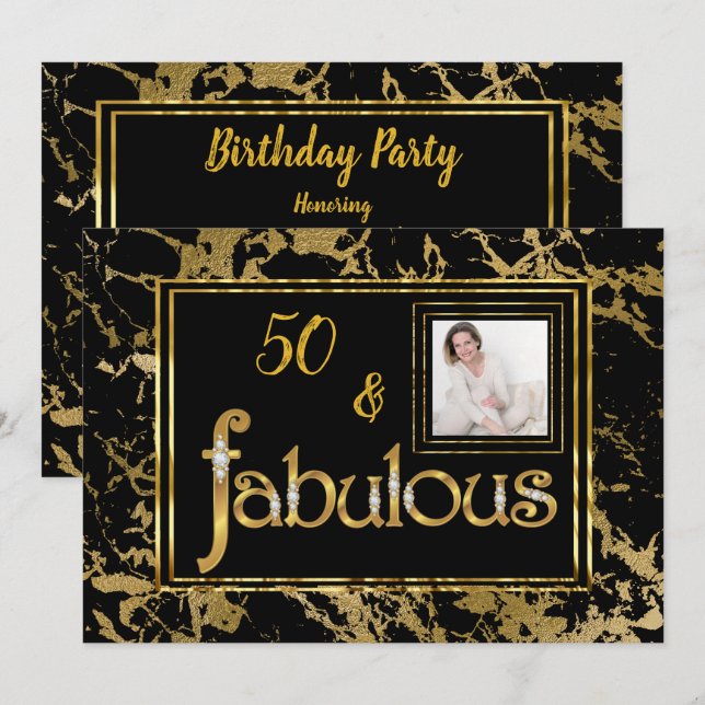 Fabulous Photo Gold Marble Black Birthday Party Invitation (Front/Back)