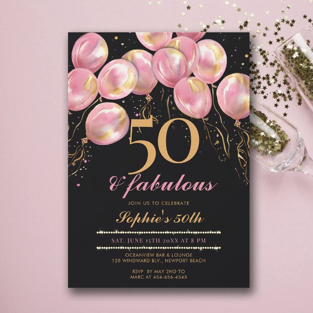 Fabulous Pink Balloons Gold Black 50th Birthday Invitation (50th birthday invitations for women balloons arch pink gold black calligraphy modern glam)