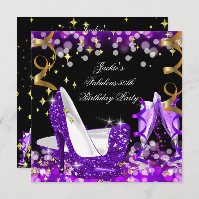 Fabulous Purple Glitter High Heel 50th Birthday Invitation (Front/Back)