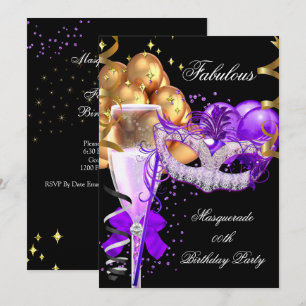 Fabulous Purple Gold Black Masquerade Party 4 Invitation