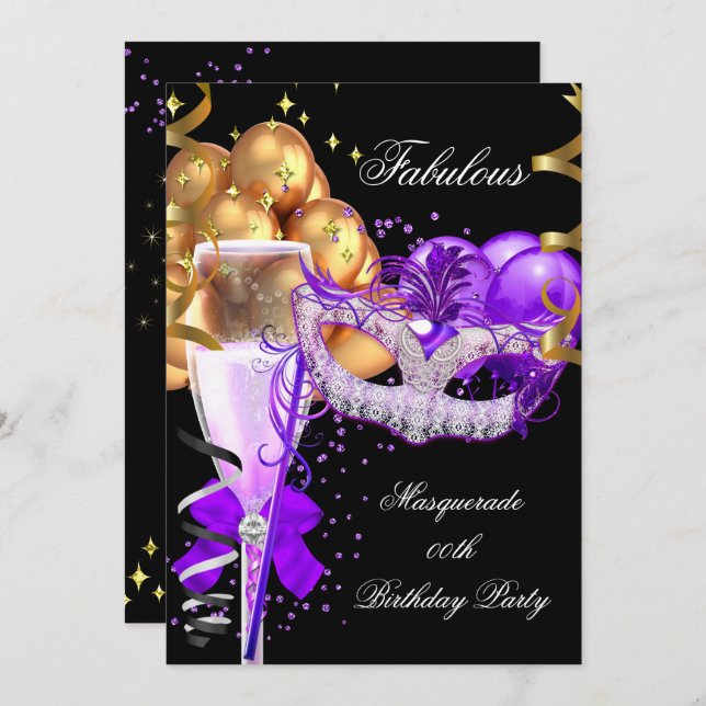 Fabulous Purple Gold Black Masquerade Party 4 Invitation (Front/Back)