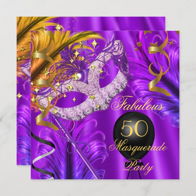 Fabulous Purple Gold Masquerade Birthday Party Invitation (Front/Back)