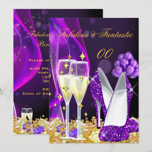 Fabulous Purple High Heels Champagne Party 3 Invitation (Front/Back)