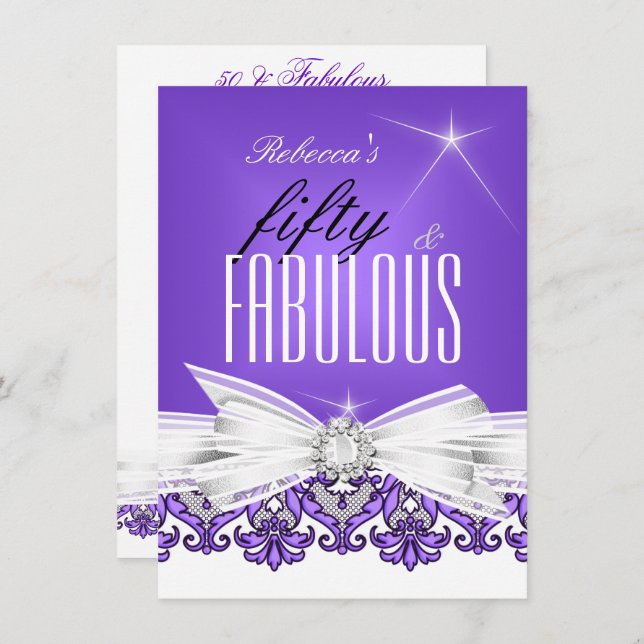 Fabulous Purple Lace White 50th Birthday Party Invitation (Front/Back)