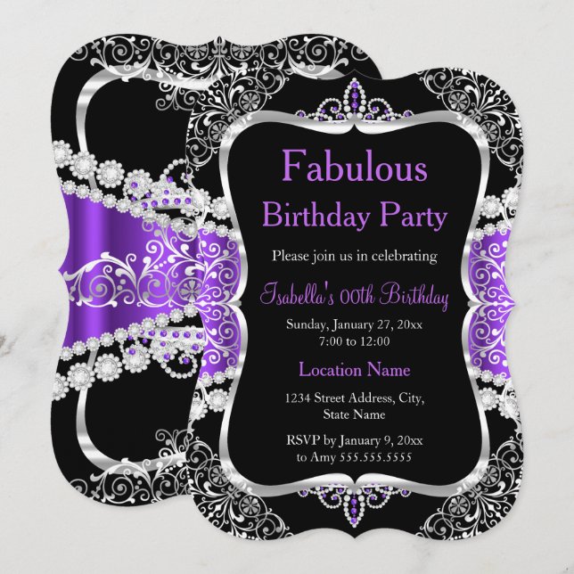 Fabulous Purple Silver Black Party Invitation (Front/Back)