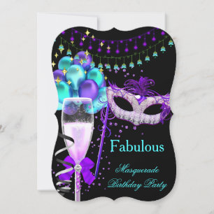 Fabulous Purple Teal Black Masquerade Party 3 Invitation