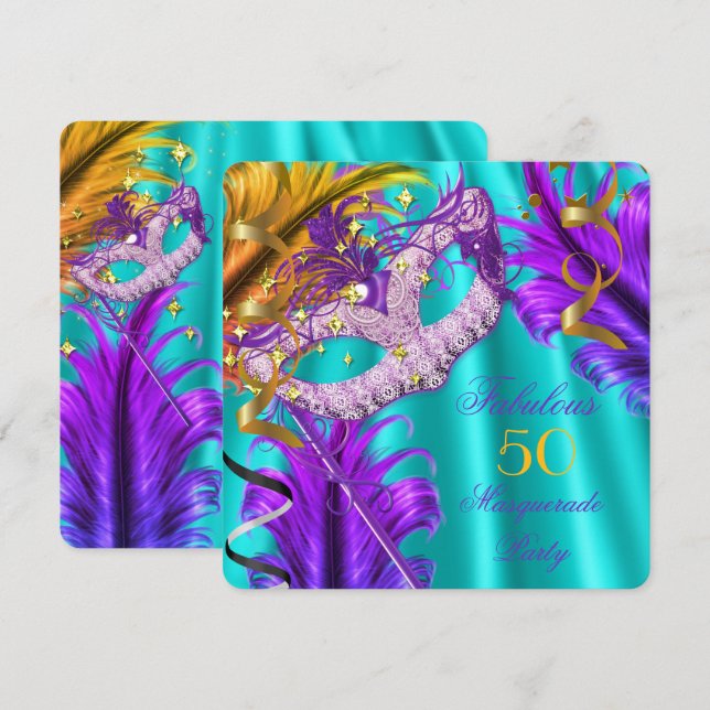 Fabulous Purple Teal Masquerade Birthday Party Invitation (Front/Back)