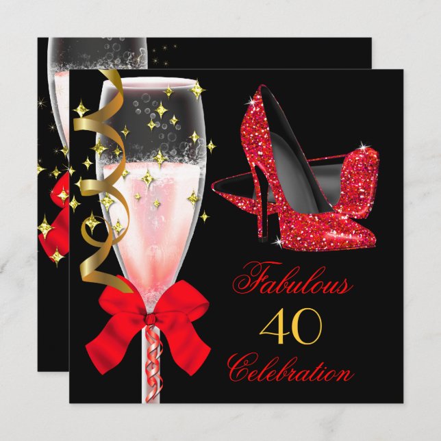 Fabulous Red Glitter Heels Black Gold Birthday Invitation (Front/Back)