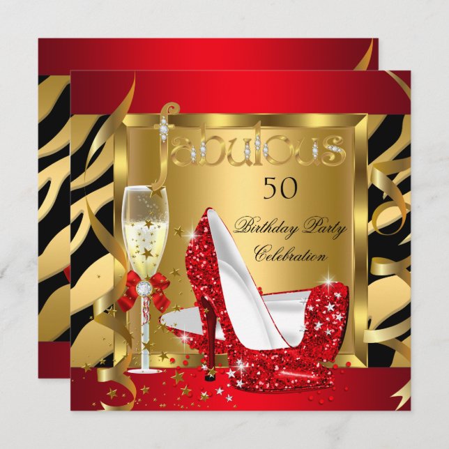 Fabulous Red Glitter Heels Zebra Champagne Party Invitation (Front/Back)