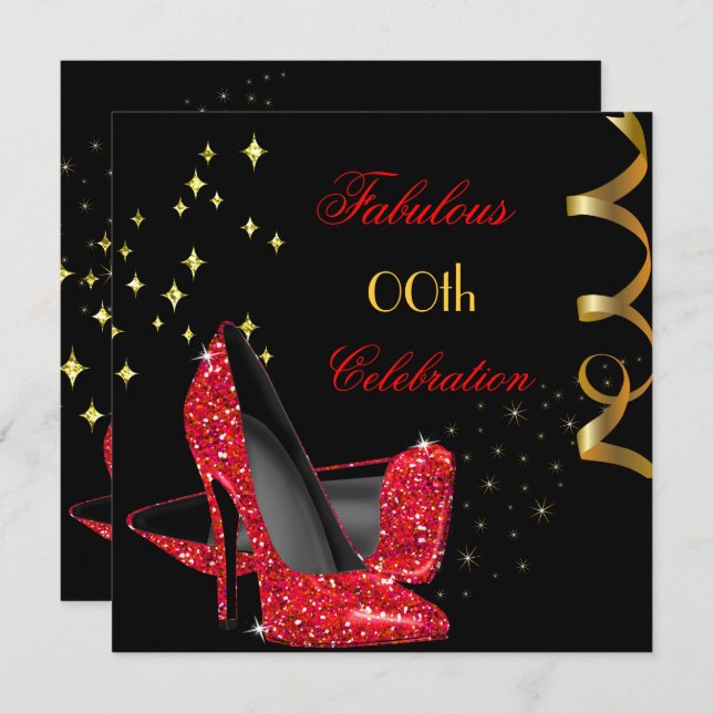 Fabulous Red Glitter High Heels Black Birthday Invitation (Front/Back)
