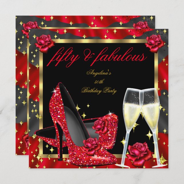 Fabulous Red Roses Black Champagne Heels Birthday Invitation (Front/Back)